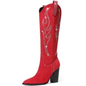 Women Suede Red Rhinestones Embroidered Side Zip  Pointed Toe Knee High Boots